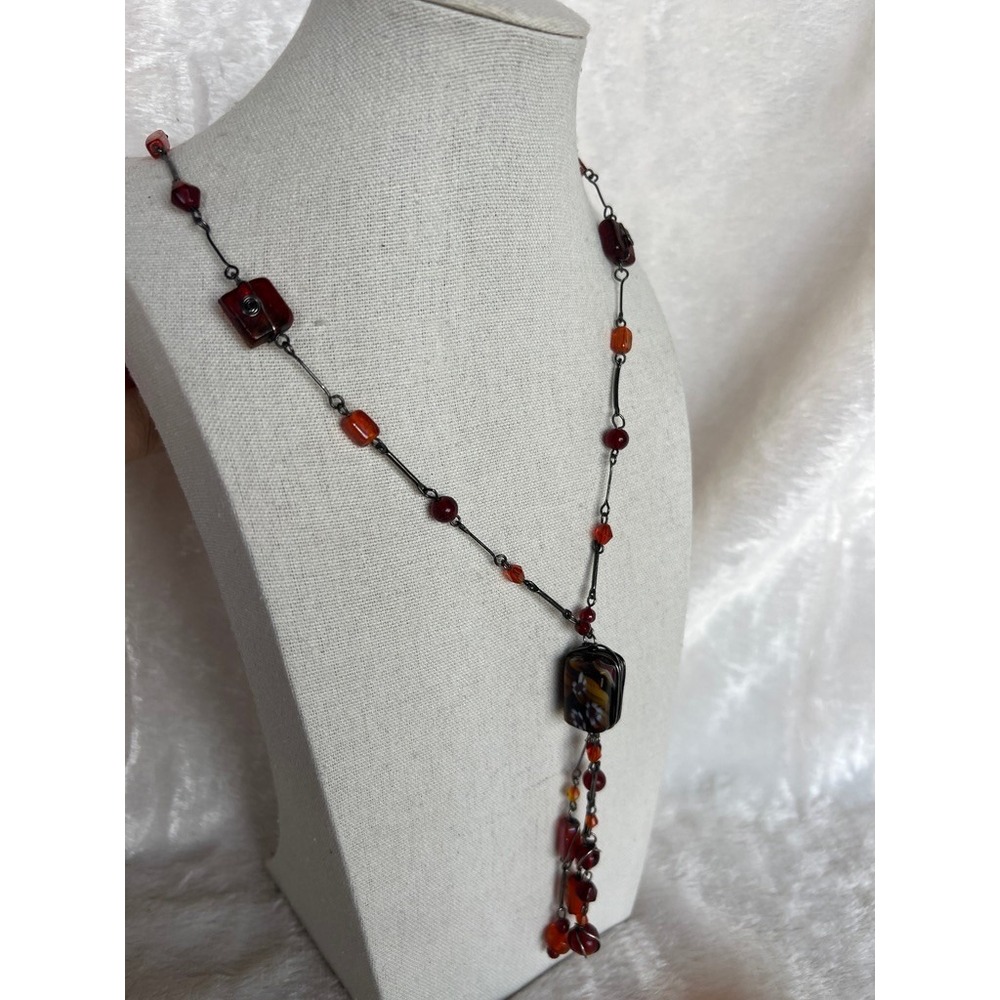 Glass Bead Pendant Necklace Red Orange Wire Wrapped Lampwork Artisan Dangle